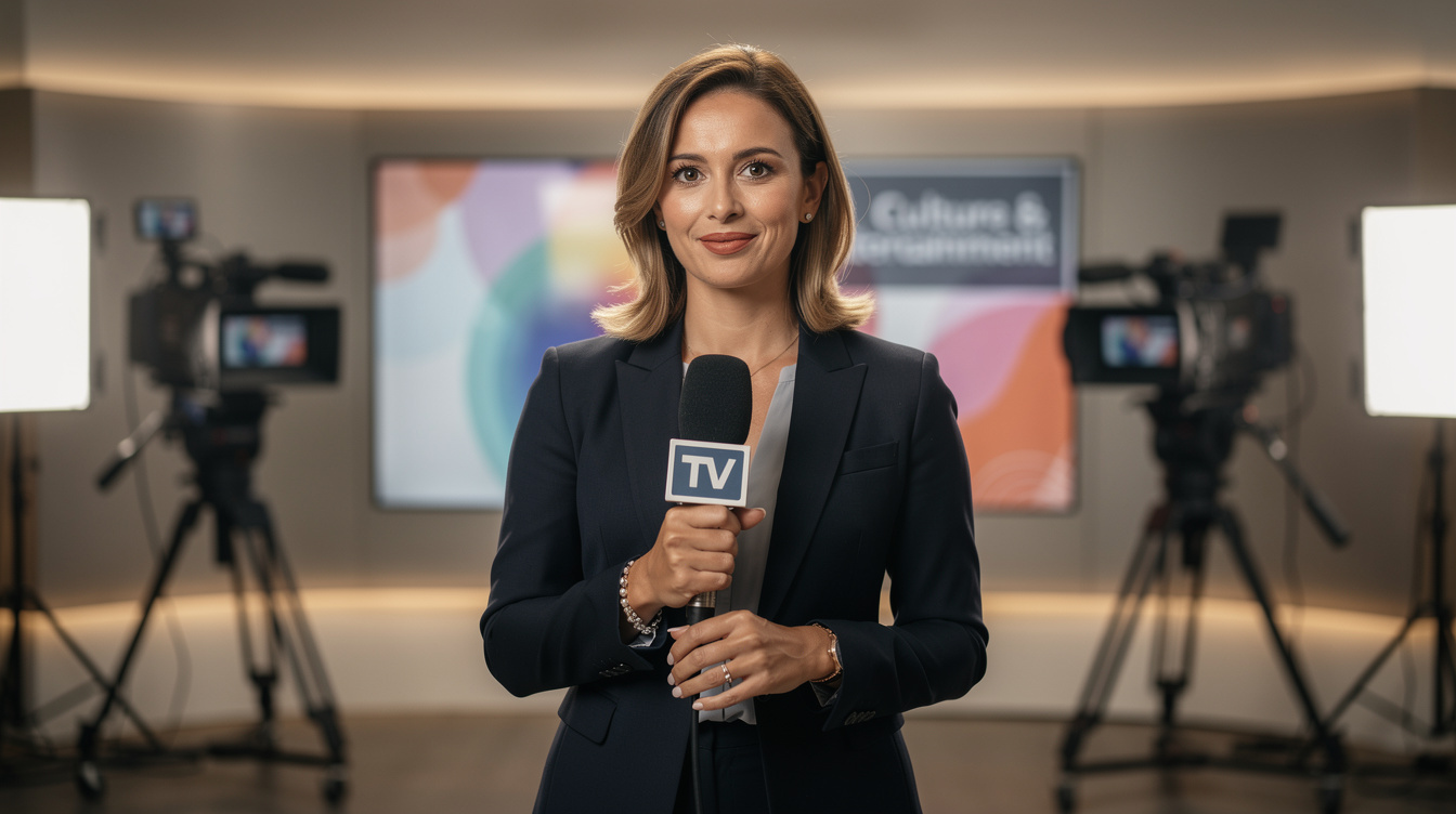 Belgian TV reporter presenting a culture segment in a broadcast studio