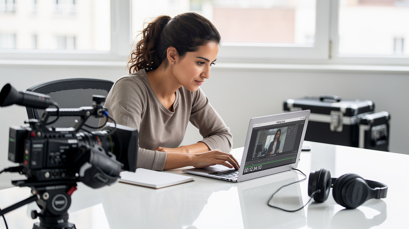 Production coordinator reviewing footage on a laptop next to camera gear