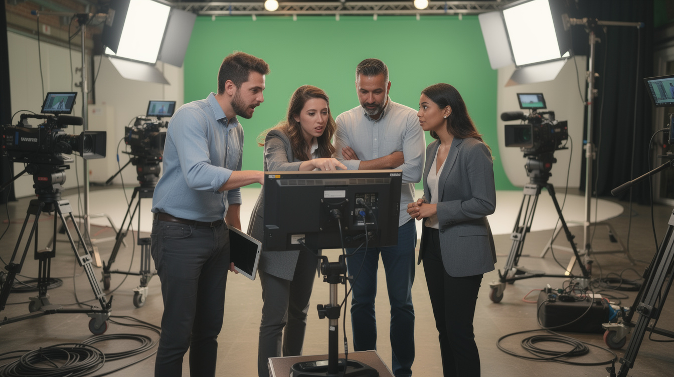 Diverse production team collaborating on set in a TV studio