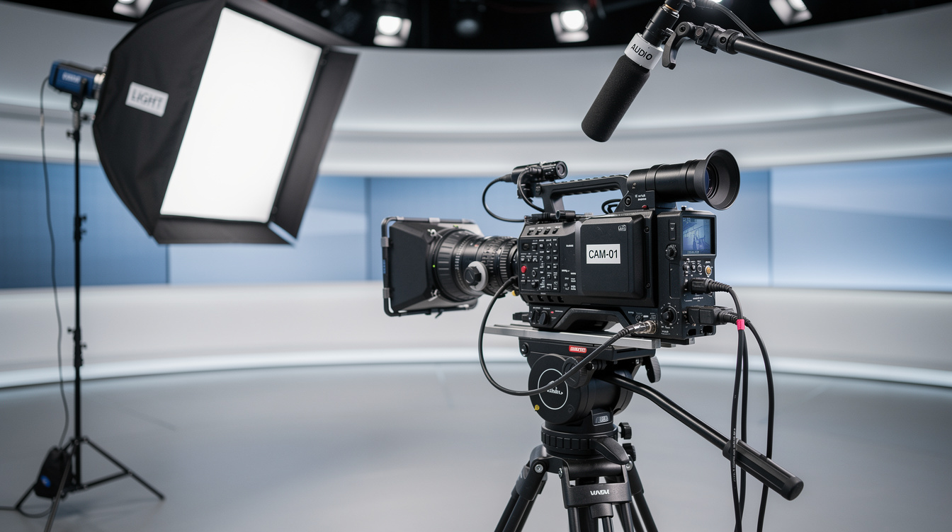 Professional broadcast camera and lighting equipment on a studio set