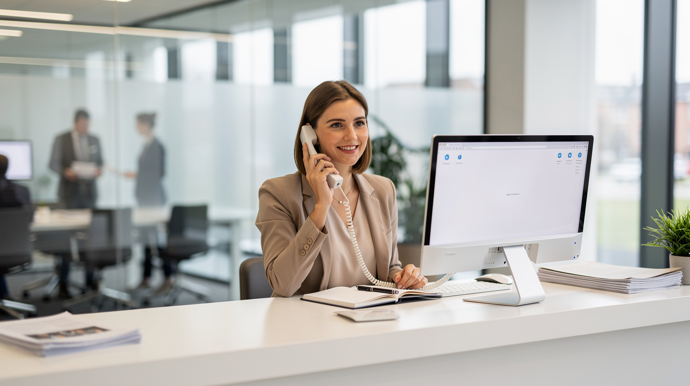 Belgian media assistant answering the phone at a reception desk
