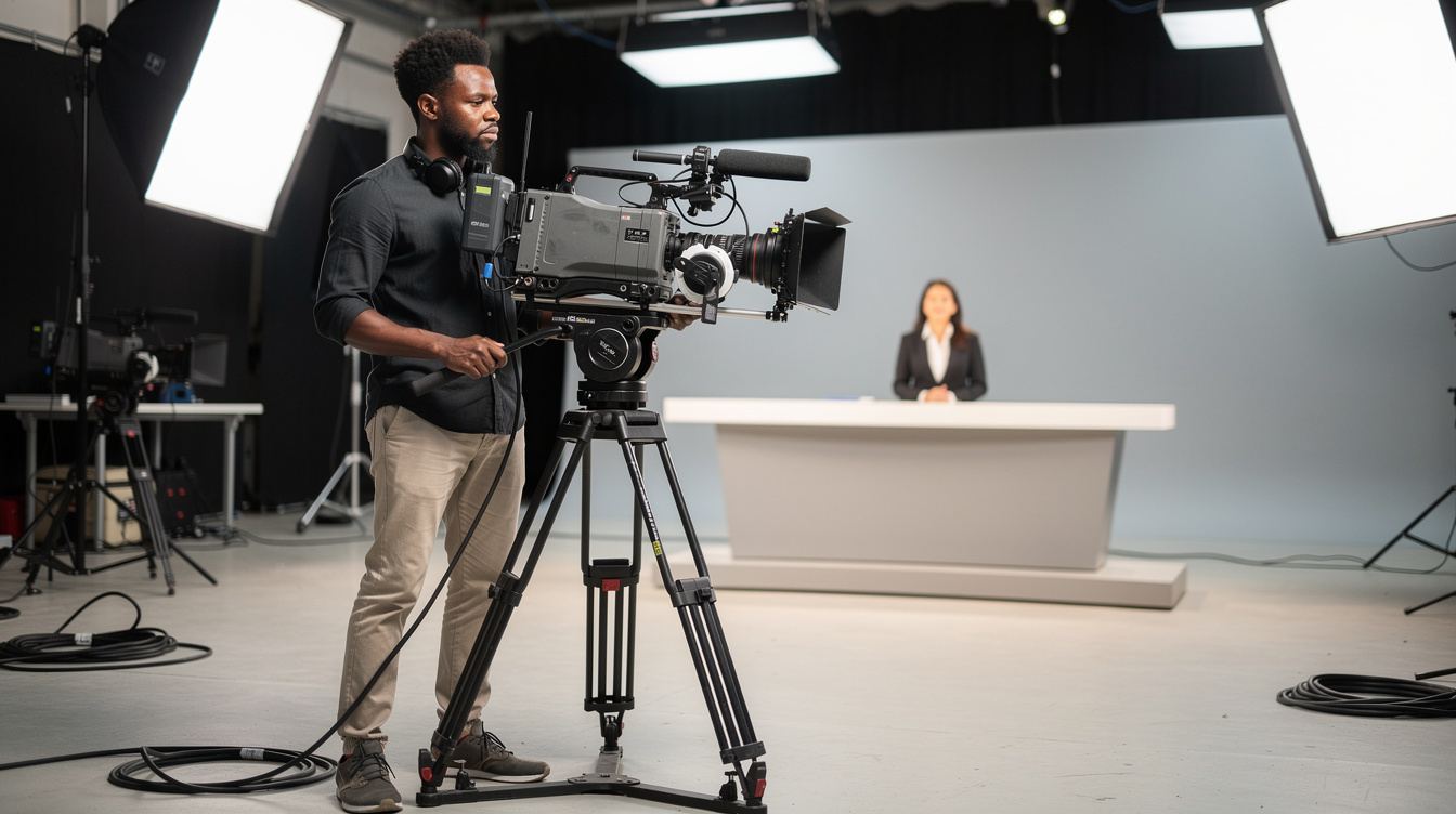 Studio crew recording a report with a professional camera