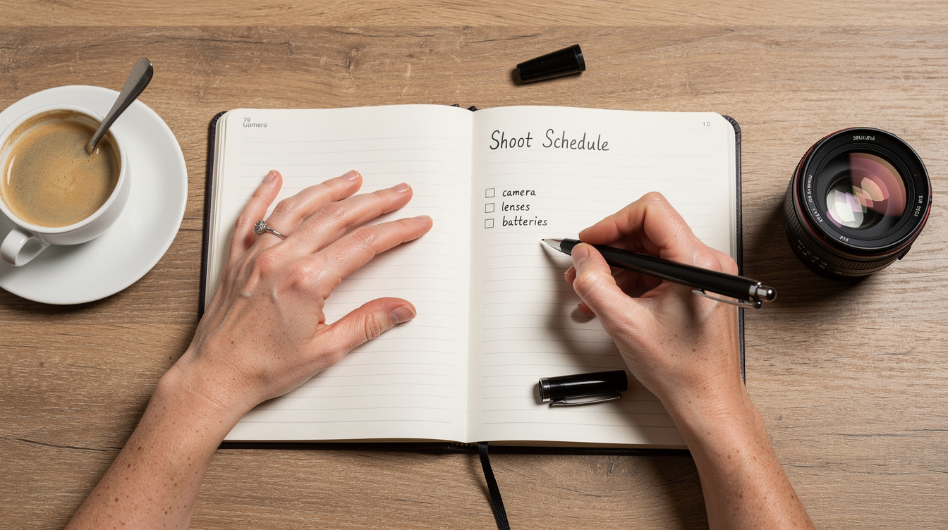 Hands writing a shooting schedule and story checklist in a planner