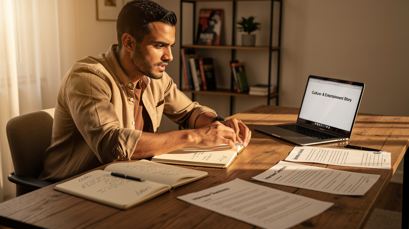Journalist preparing notes and research for a culture story