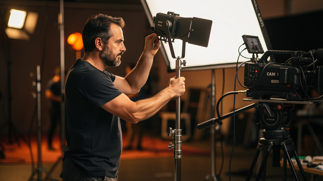 Technician adjusting studio lighting equipment near a camera